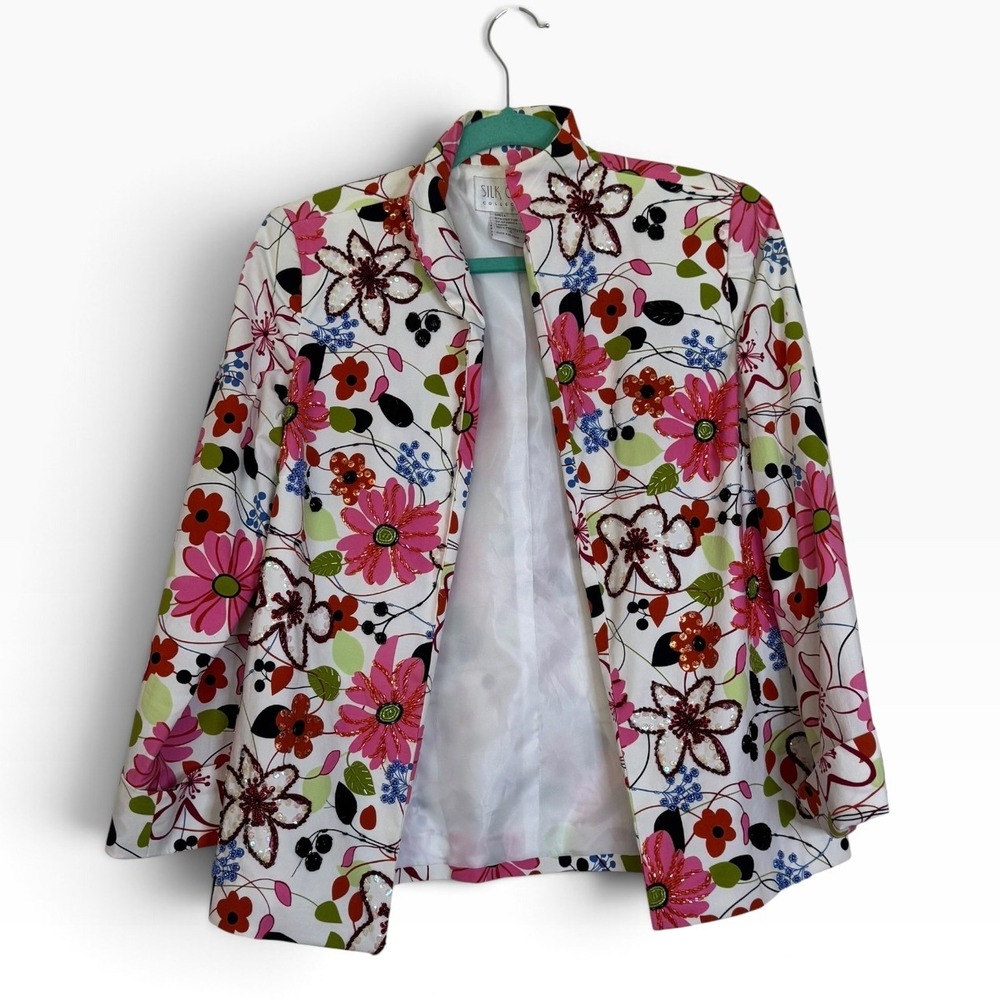 Silk Club Collection Floral Mandarin Collar Blazer Pink White Vintage Artsy